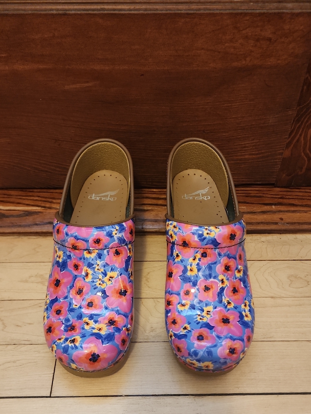 Dansko Pink and Blue Floral Leather Clogs